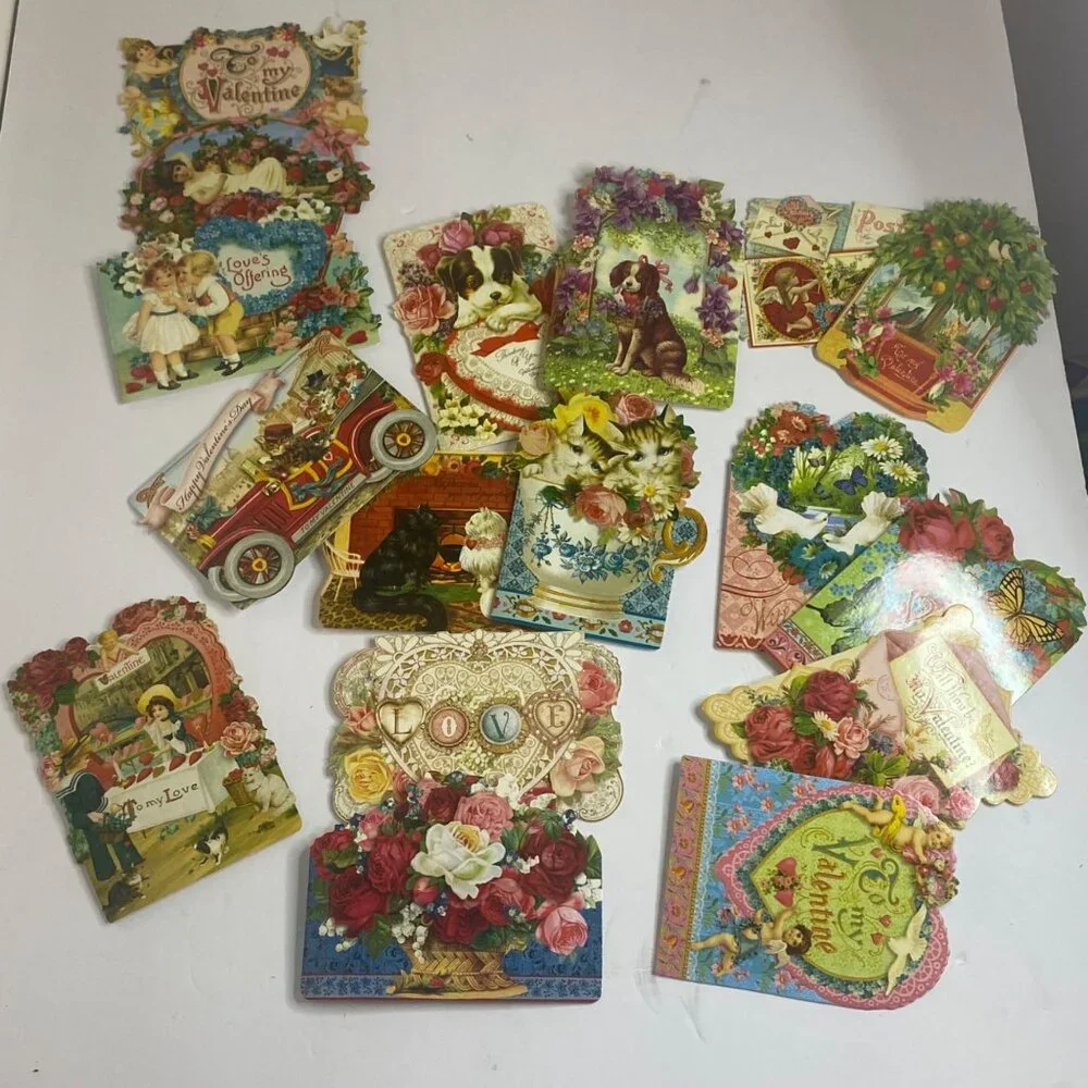 Punch Studio Victorian Valentine Cards Envelopes Lot Cats Dogs Cherubs‎ Flowers